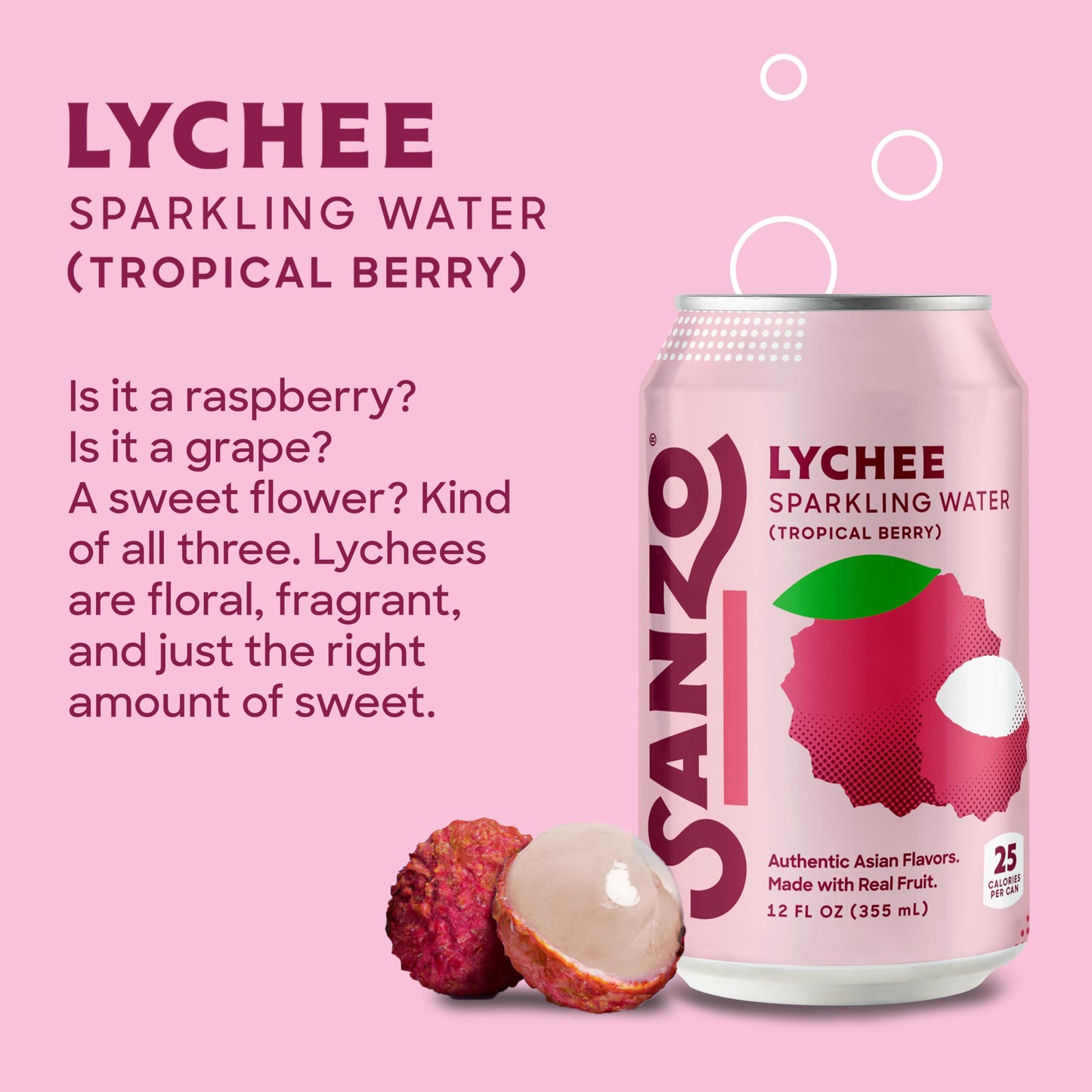 Sanzo Flavored Sparkling Water - Tropical Berry Seltzer (Lychee) - Low Calorie Low Sugar - Craft Asian Drinks - Vegan Gluten Free Carbonated Flavored Water - Fizzy Healthy Drinks - 12oz, 6 Pack