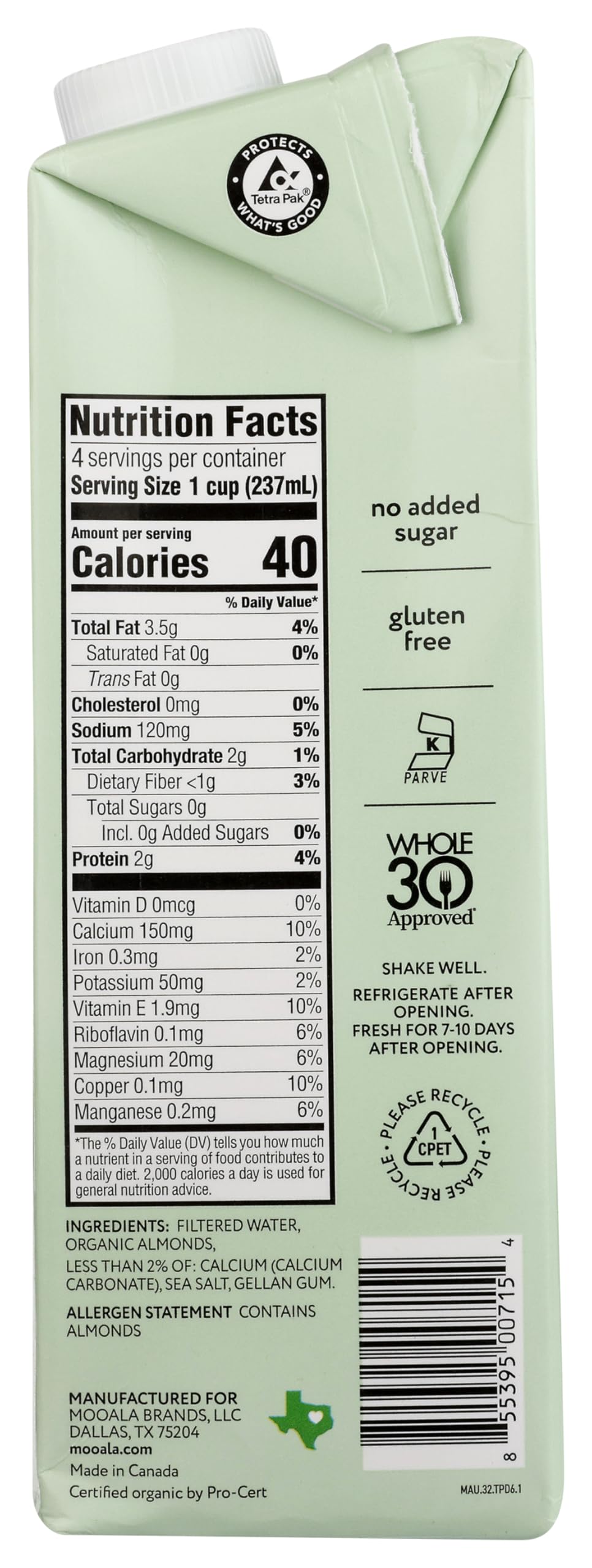 Mooala Brands Plant Based Beverage, Unsweetened Original Almondmilk (6 Pack) | Organic Plant Based Beverage | Dairy Free, Gluten Free, Organic, Kosher |