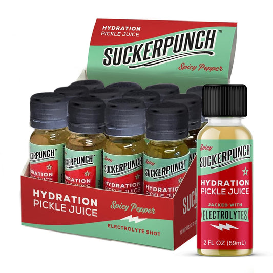 Suckerpunch Electrolyte Pickle Juice Shot, Leg and Muscle Cramp Relief, Sports Drink, Low Calorie, Gluten Free, Post Workout, Hydration, Potassium, Keto Friendly, Non GMO (Spicy Dill (Pack of 12))