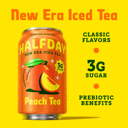 Halfday, Prebiotic Peach Iced Tea, 12 Fl Oz Can