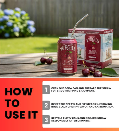 6x Soda Black Cherry 4-Pack Cans 48 fl oz Bundle with Paper Straw 50-Pack — Cherry Soda Handcrafted & Creamy Flavor for Refreshing Drinks — Gift Set (7 Items)