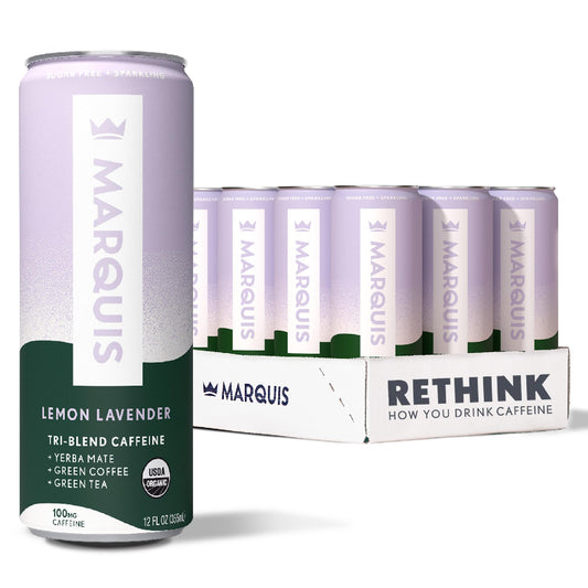 Marquis Natural Energy Drinks Sugar Free Zero Calories 100mg Organic Plant Based Caffeine Yerba Mate Green Tea & Green Coffee - Vitamin C & B - Lemon Lavender Healthy Energy Drink - 12oz Cans, 12 Pack