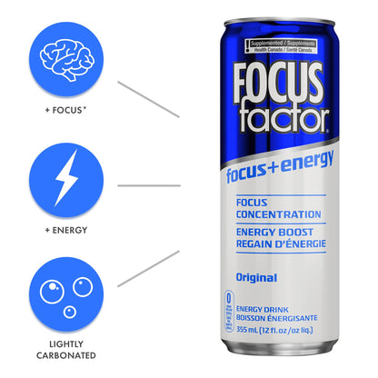 Focus Factor Energy Drink - 12 x 355ml Cans (Original Flavour) - with Focus + Energy - Lightly Carbonated, Sugar Free, Low Calorie with Vitamin B6 & Vitamin B12