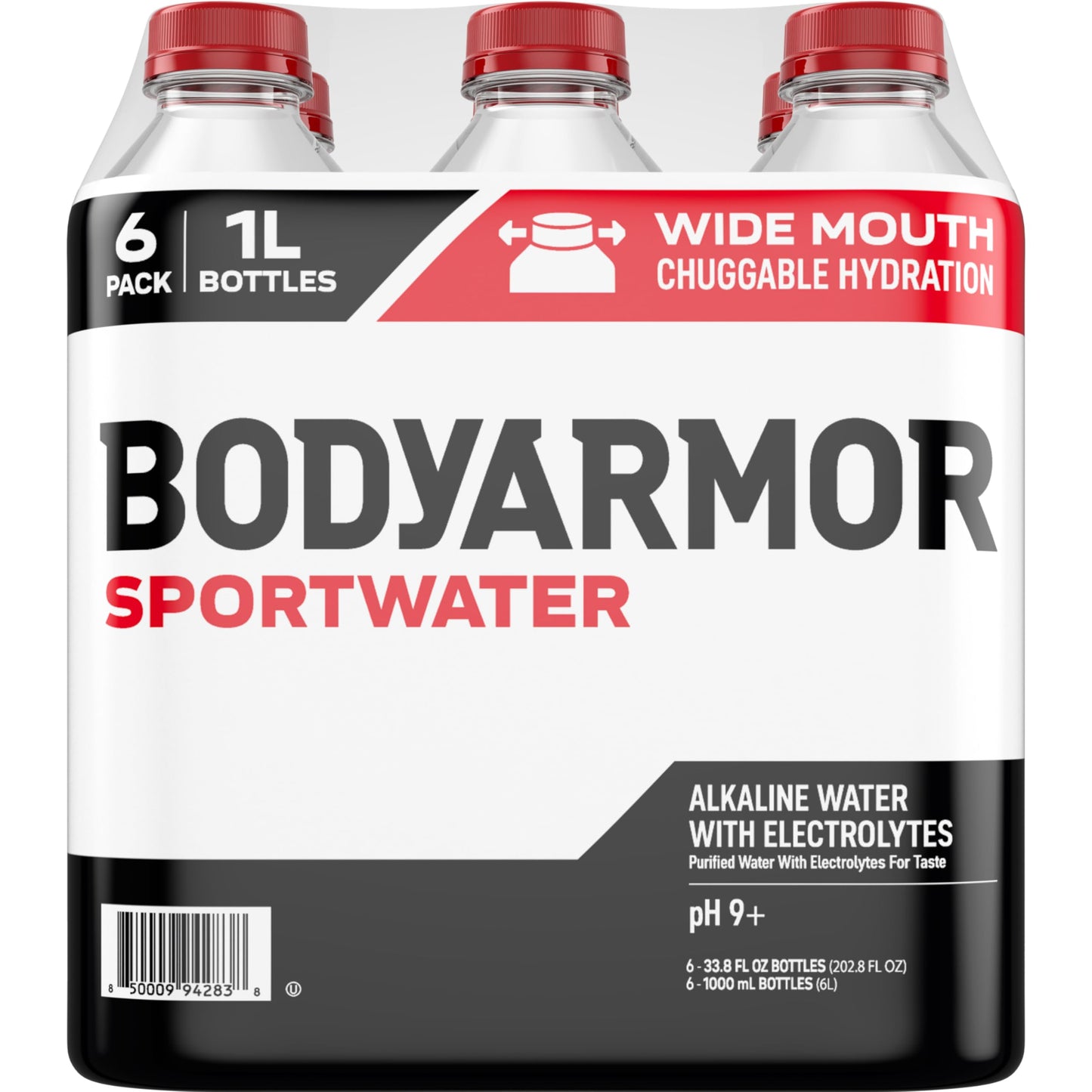 BODYARMOR SportWater Alkaline Water, High Alkaline Bottled Water, pH 9+, 1 Liter (6 Pack), Refreshing Electrolyte Water Pack, Wide Mouth Bottle