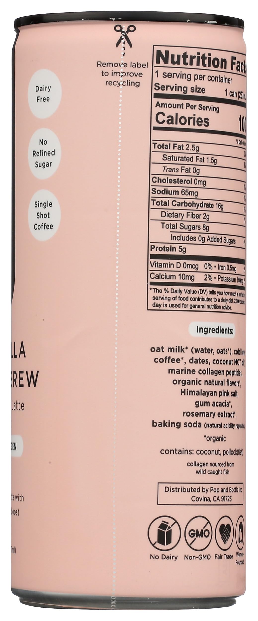 POP AND BOTTLE Vanilla Oat Milk Latte with Collagen, 8 FZ