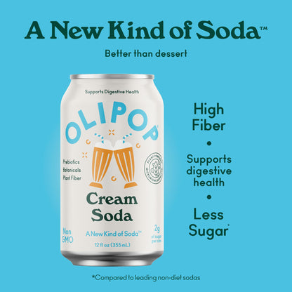 OLIPOP Prebiotic Soda Pop, Cream Soda, Prebiotics, Botanicals, Plant Fiber, 12 fl oz (4 Cans)