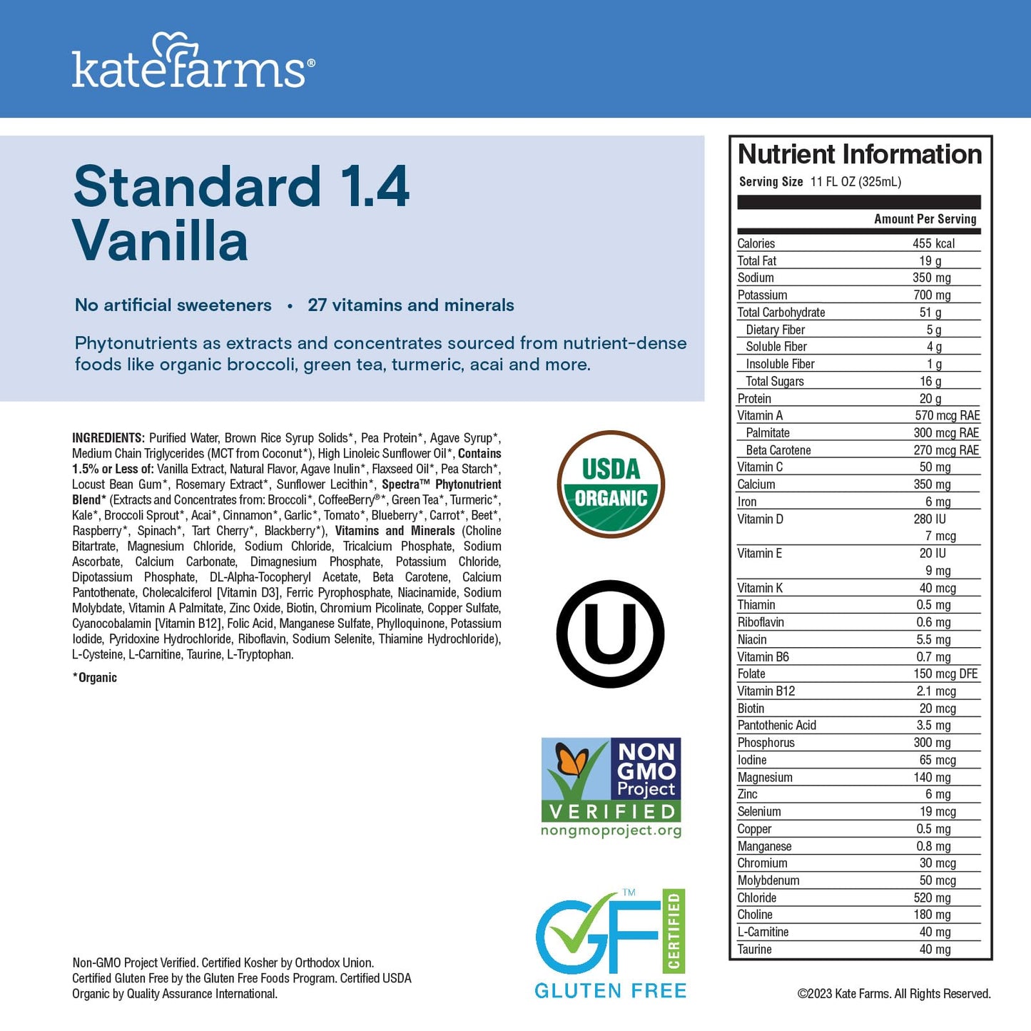 KATE FARMS Organic 1.4 High Calorie Nutrition Shake, Vanilla, 20g Protein, 27 Vitamins and Minerals, Meal Replacement, Protein Shake, 11 oz (12 Pack)