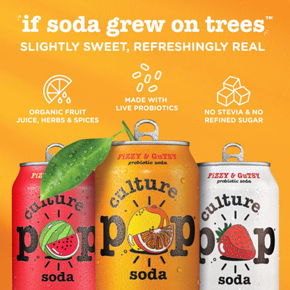 Culture Pop Soda, Orange Mango & Lime, Probiotic Low Sugar Soda, Sparkling Juice Alternative, Non-GMO, Kosher, Gluten-Free, No Stevia (Multipack, 12ct, 144 fl oz)