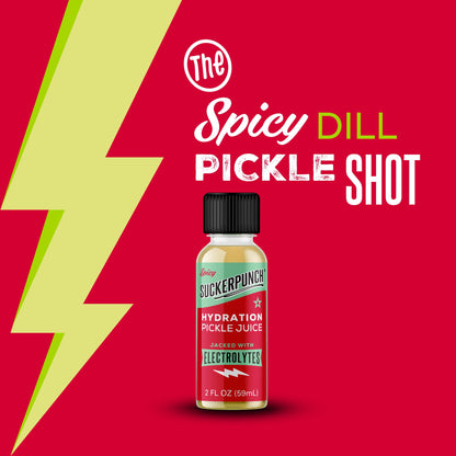 Suckerpunch Electrolyte Pickle Juice Shot, Leg and Muscle Cramp Relief, Sports Drink, Low Calorie, Gluten Free, Post Workout, Hydration, Potassium, Keto Friendly, Non GMO (Spicy Dill (Pack of 12))