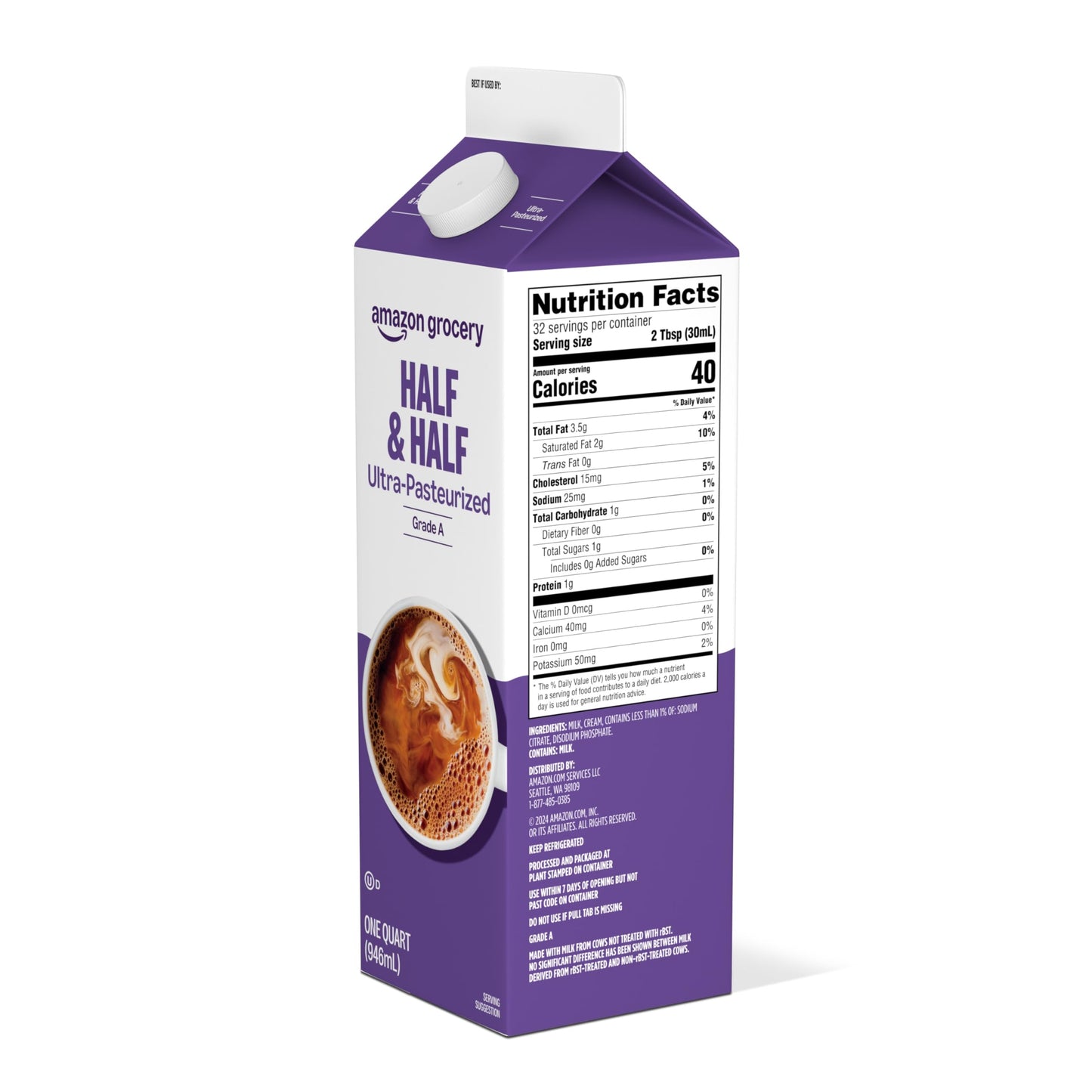 Amazon Grocery, Half & Half, Ultra Pasteurized, 32 Fl Oz