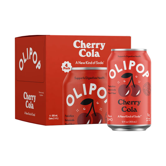 OLIPOP Prebiotic Soda Pop, Cherry Cola, Prebiotics, Botanicals, Plant Fiber, 12 fl oz (4 Cans)