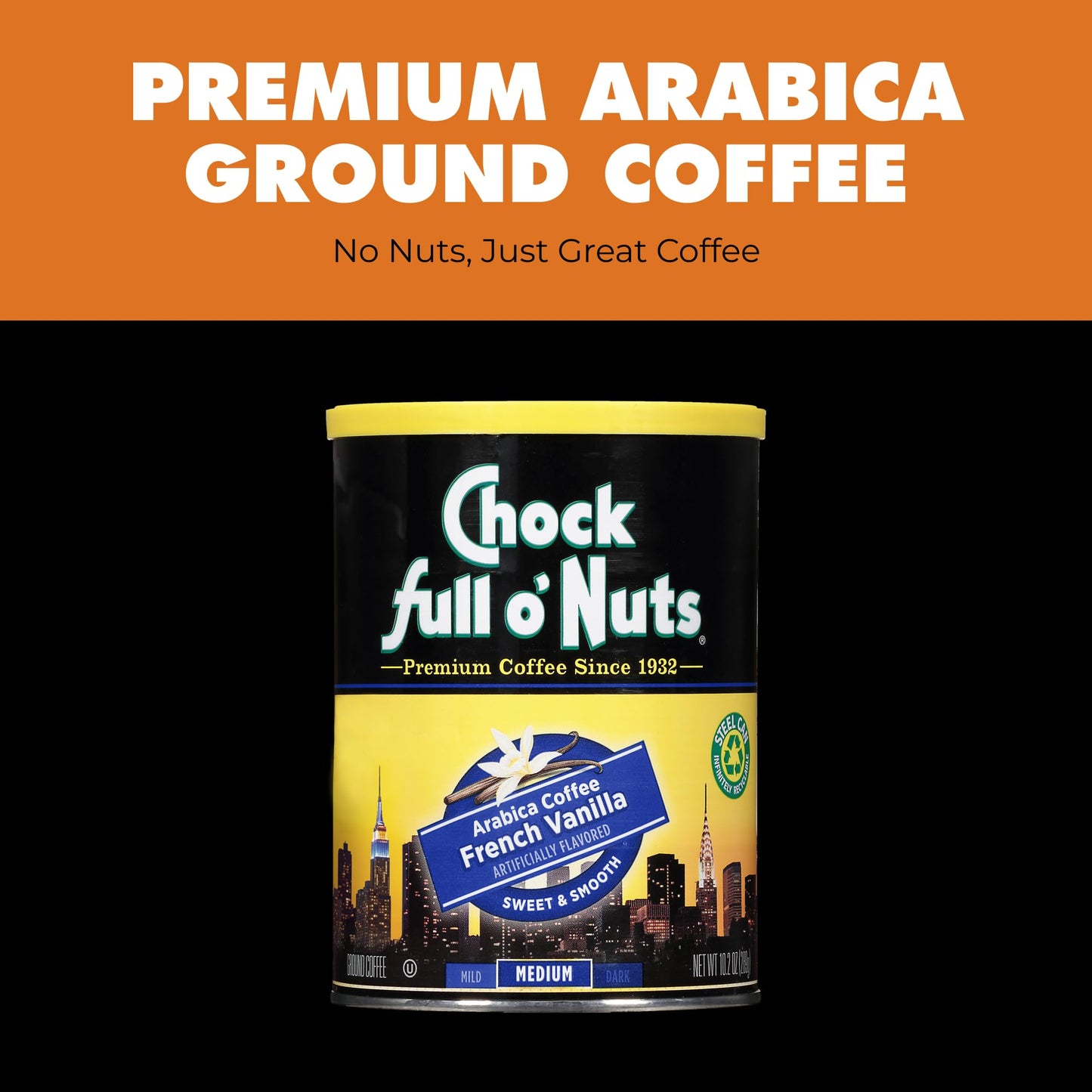 Chock Full o' Nuts French Vanilla Ground Coffee – Premium Beans in Recyclable Steel Can – Rich Flavor & Aroma, Medium Roast – Perfect for Drip, Pour-Over, Percolator – 10.2 Oz Can