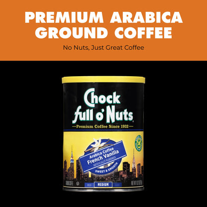 Chock Full o' Nuts French Vanilla Ground Coffee – Premium Beans in Recyclable Steel Can – Rich Flavor & Aroma, Medium Roast – Perfect for Drip, Pour-Over, Percolator – 10.2 Oz Can
