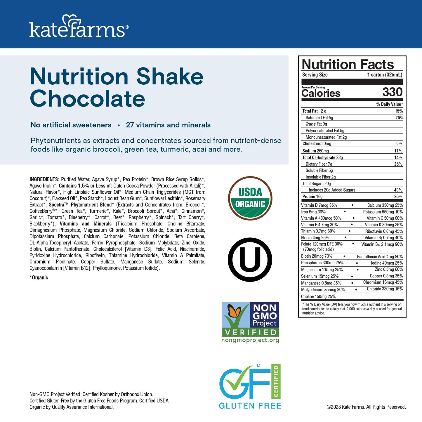 KATE FARMS Organic Nutrition Shake, Chocolate, 16g protein, 27 Vitamins and Minerals, Protein Meal Replacement Drink, Plant Based, 11 oz (6 Pack)
