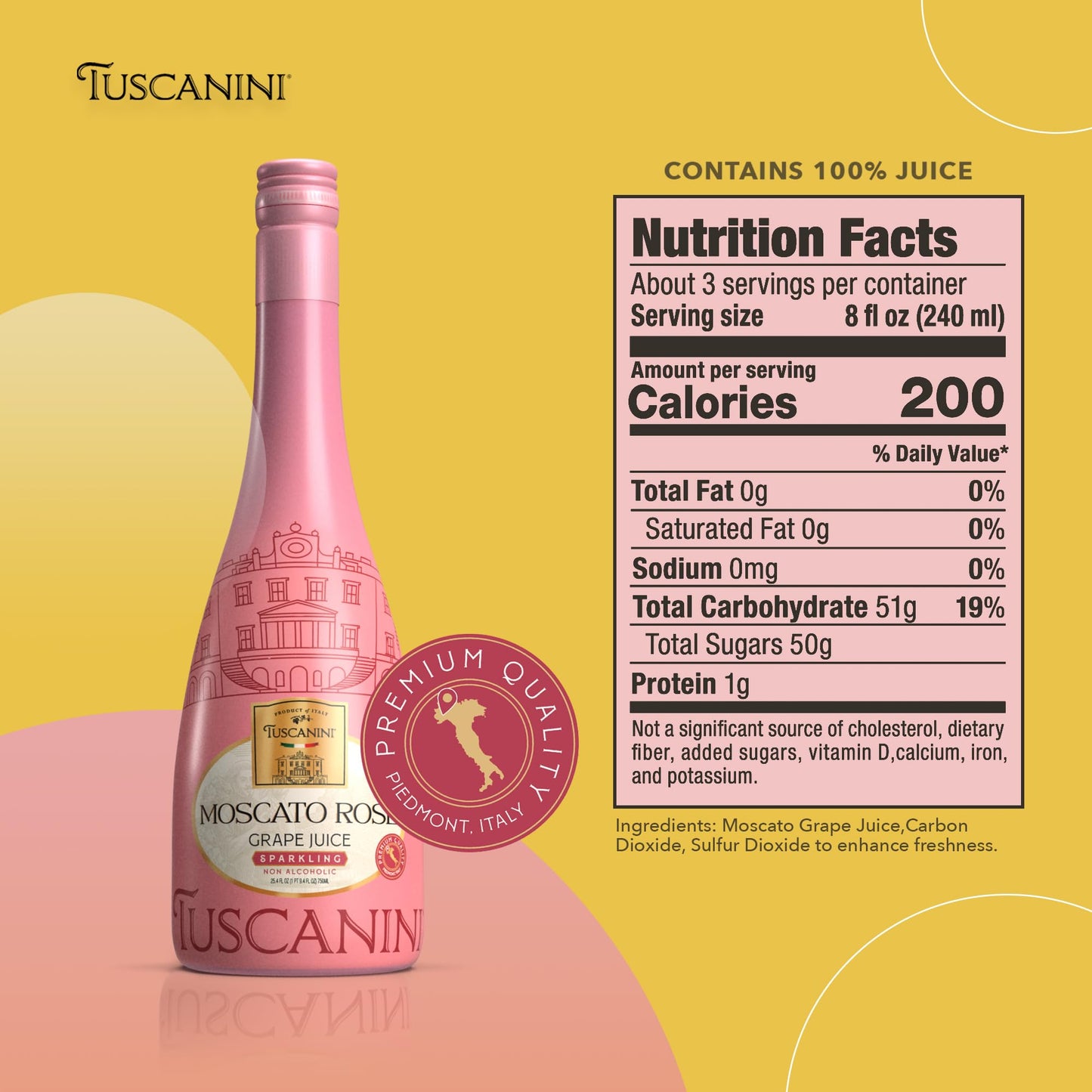 Tuscanini Italian Moscato Rose Sparkling Grape Juice, 25.3oz (2 Pack) | Non Alcoholic Sparkling Juice | Valentines Day Gift | Elegant Champagne Bottle | Imported from Italy | Great for Mocktails | Kosher