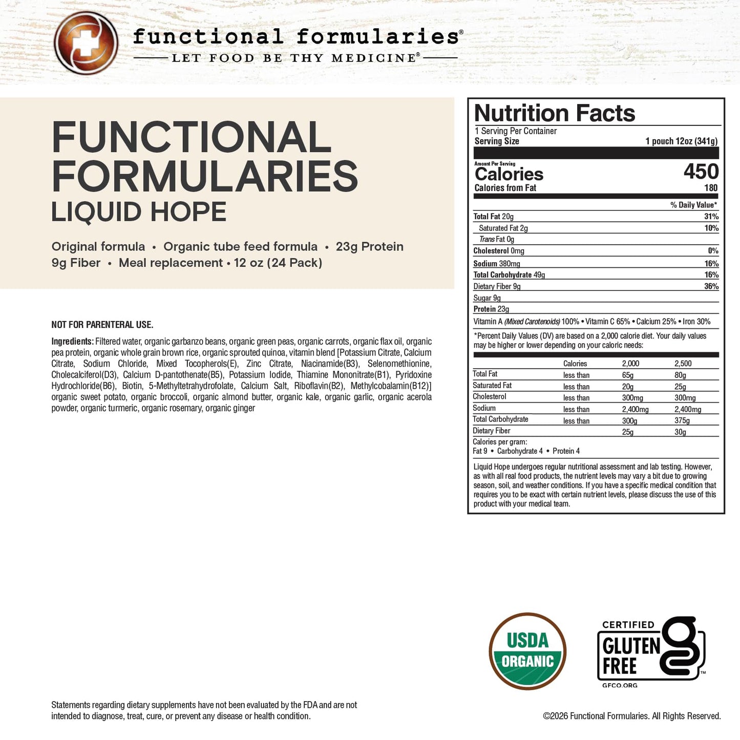 FUNCTIONAL FORMULARIES Liquid Hope Organic Tube Feed Formula, 23g Protein, 8g Fiber, Meal Replacement, 12 Oz (24 Pack)