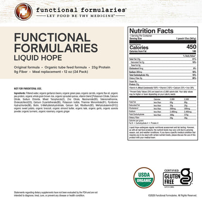 FUNCTIONAL FORMULARIES Liquid Hope Organic Tube Feed Formula, 23g Protein, 8g Fiber, Meal Replacement, 12 Oz (24 Pack)