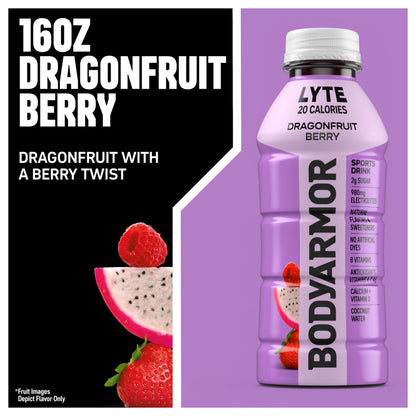 BODYARMOR LYTE, Blueberry Pomegranate & Dragonfruit Berry Electrolyte Drink, 20 Calories, 16 Fl Oz Bottles (24 bottles), Coconut Water Sports Drink, Natural Flavor & B Vitamins