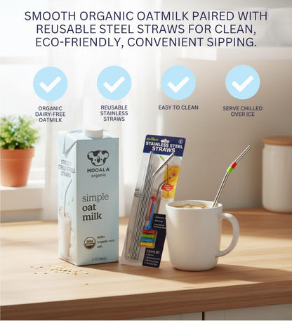 6x Mooala Oat Milk Organic Simple 32 FO Bundle with Stainless Steel Drinking Straws – Organic Oatmilk with Himalayan Salt for Smooth, Creamy Drinks and Recipes — Gift Set (7 Items)