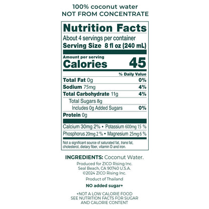 Zico 100% Coconut Water, No added Sugar, Refreshingly Delicious, Hydration with Electrolytes, 33.8 Fl Oz (Pack of 4)