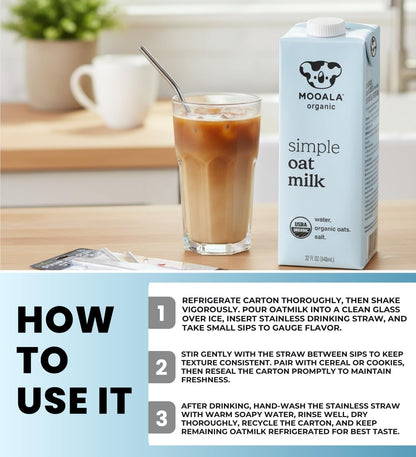 6x Mooala Oat Milk Organic Simple 32 FO Bundle with Stainless Steel Drinking Straws – Organic Oatmilk with Himalayan Salt for Smooth, Creamy Drinks and Recipes — Gift Set (7 Items)