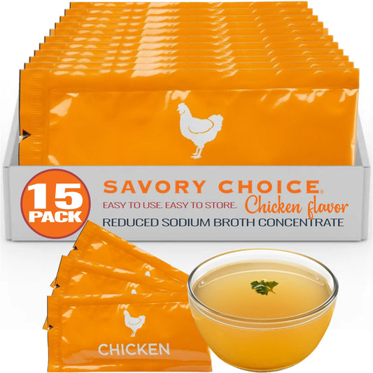 SAVORY CHOICE Reduced Sodium Chicken Broth Concentrate, 15 Packets (9.6g) - Gluten-Free, Diary-Free Broth Concentrate
