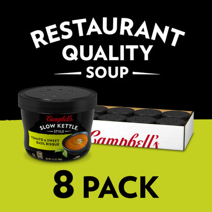 Campbell's Slow Kettle Style Tomato & Sweet Basil Bisque, 15.5 oz Microwavable Bowl (Pack of 8)