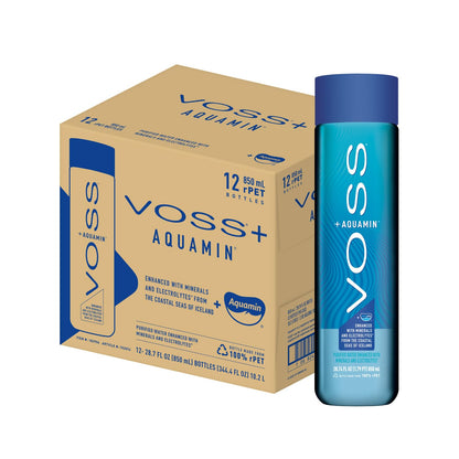 VOSS+ Aquamin Enhanced Water - Pack of 12 Bottles, 850ml Each - Purified Hydrating Water - 74 Trace Minerals & Electrolytes - Perfect for Active Lifestyles, at the Gym & on Hot Days - Recycled PET Bottle