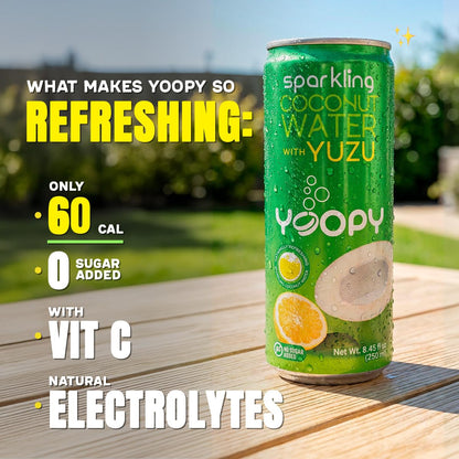 Yoopy Sparkling Coconut Water with Citrus-Inspired Yuzu – Low Sugar Refreshing Drink, Healthy Soda Alternative, Lightly Carbonated Beverage - 12 pack (8.45 fl oz cans)