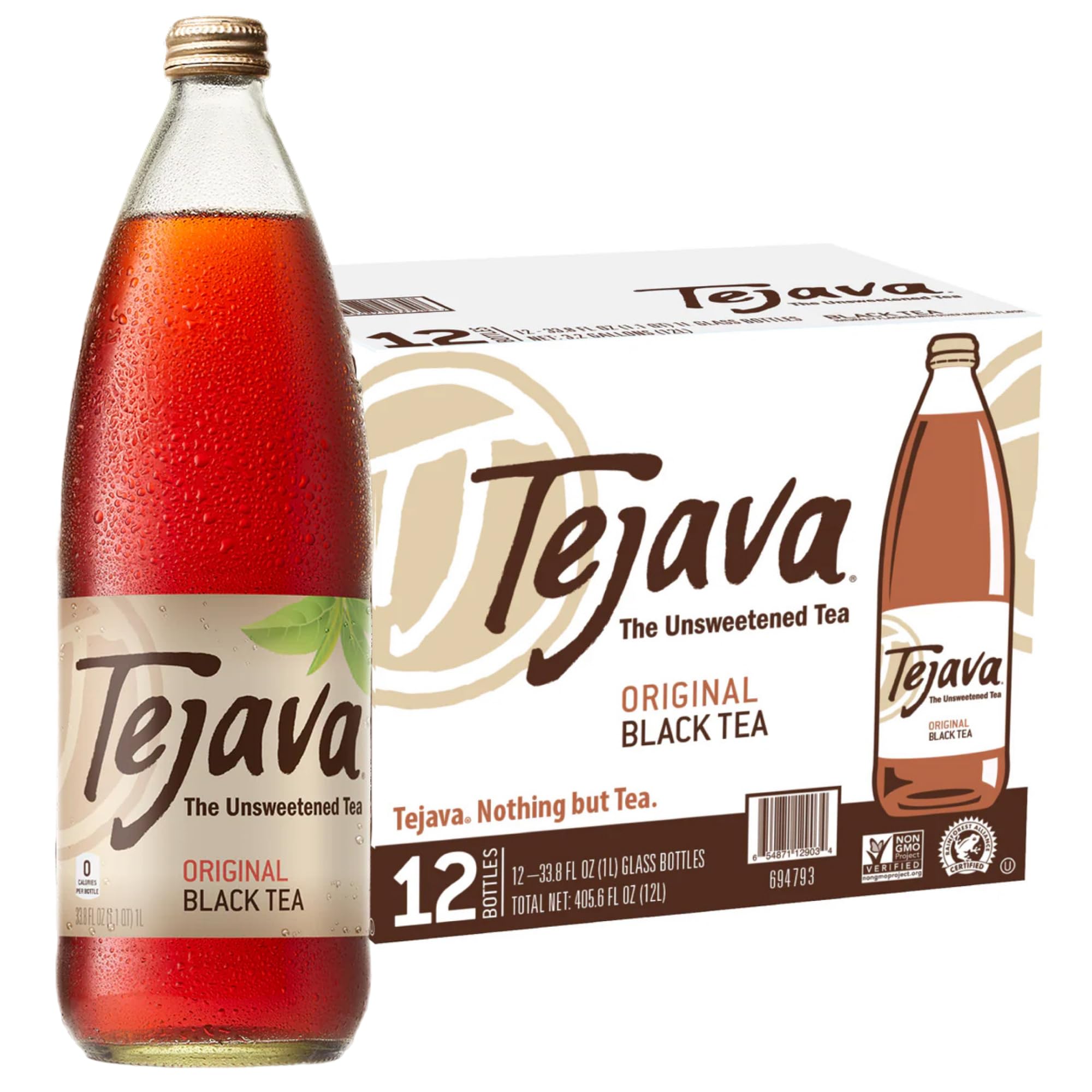 Tejava Original Unsweetened Black Iced Tea, 12 Pack, 1 Liter Glass Bot ...