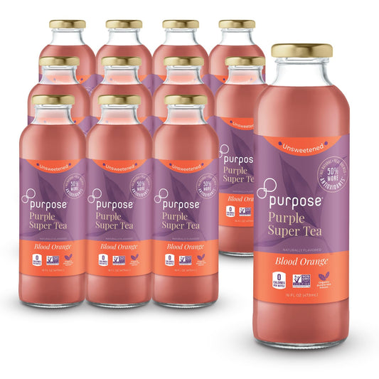 Purpose Tea, Blood Orange - Bottled Iced Tea, All Natural Brewed Organic Purple Leaves, Unsweetened, Pure, Non-GMO, High in Antioxidants and Anthocyanins, Healthy Drinks - 16 oz (Pack of 12)