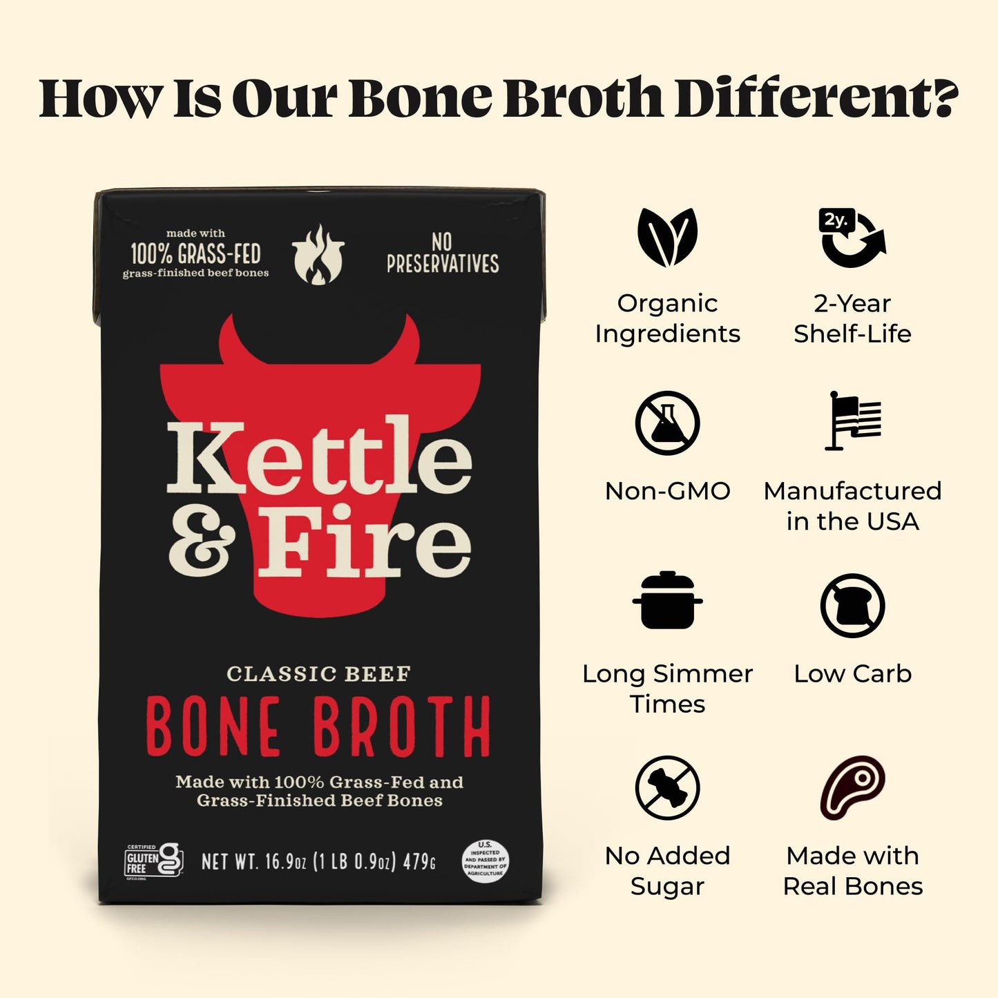 Kettle and Fire Beef and Chicken Bone Broth, Keto, Paleo, Whole 30 Approved, Gluten Free, Natural Source of Collagen, Pack of 4