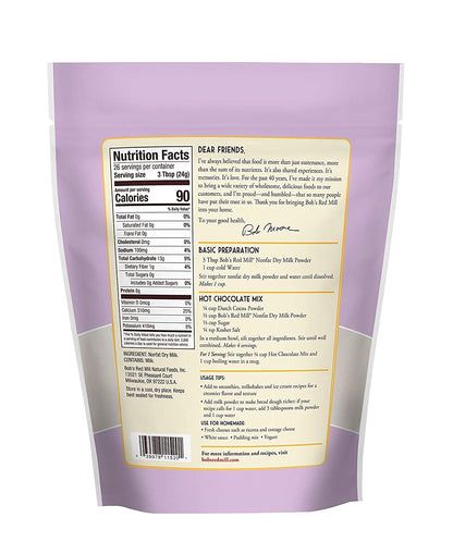 Bob's Red Mill Non-Fat Dry Milk Powder, 22oz (Pack of 1) - Makes 26 Cups per Bag, Made in USA, Unflavored, Kosher
