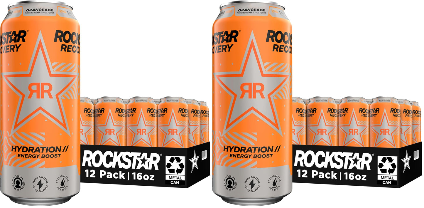 Rockstar Energy Drink with Caffeine Taurine and Electrolytes,Recovery Orange,16 Fl Oz,(Pack of 24)