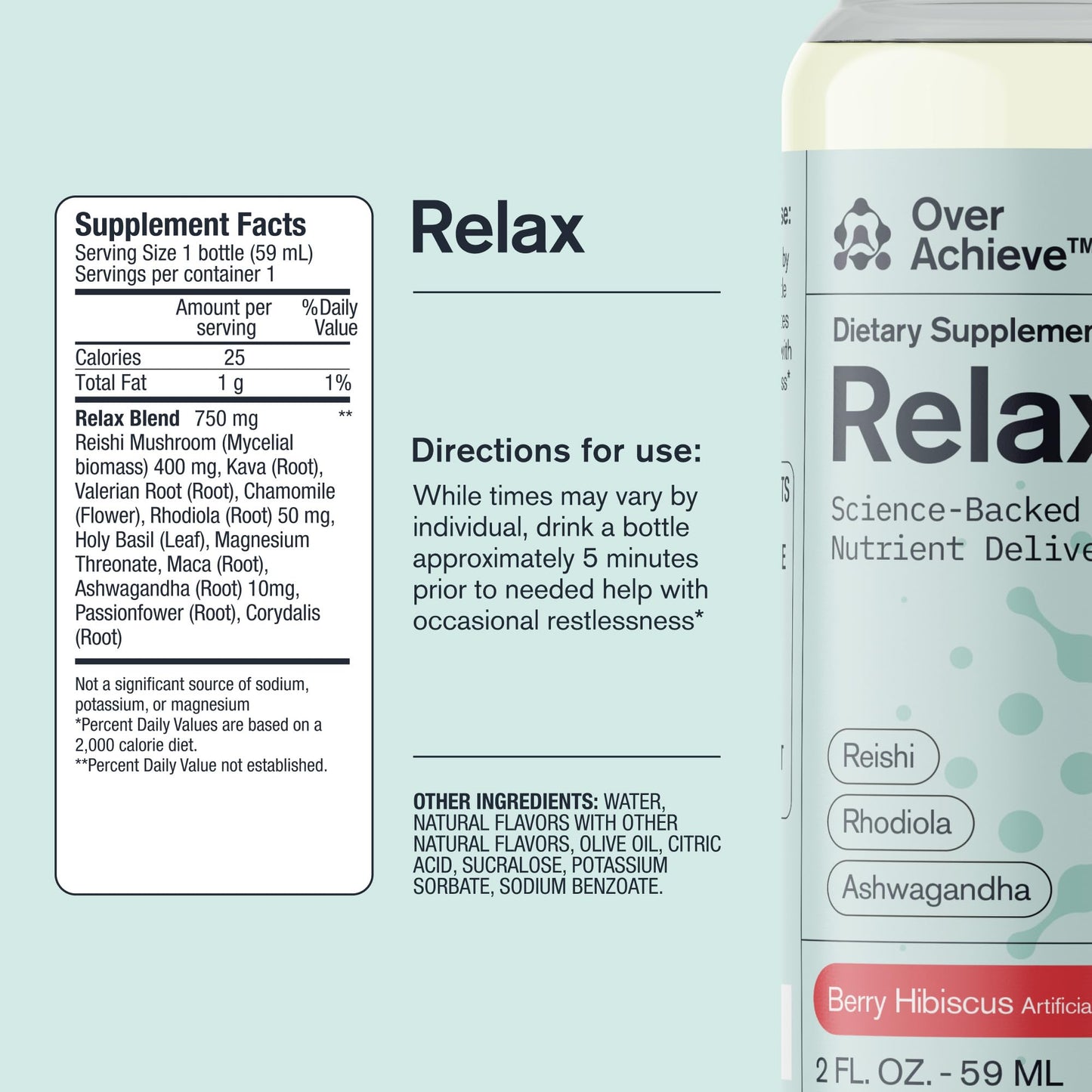 Relax Drink for Relaxation and Stress Relief, Contains Ashwagandha, Rhodiola Rosea and Reishi Mushroom with Advanced Nanoscience Technology, 3 Pack Calm Nervous System Berry Hibiscus, 2oz