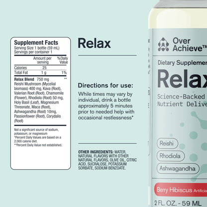 Relax Drink for Relaxation and Stress Relief, Contains Ashwagandha, Rhodiola Rosea and Reishi Mushroom with Advanced Nanoscience Technology, 3 Pack Calm Nervous System Berry Hibiscus, 2oz