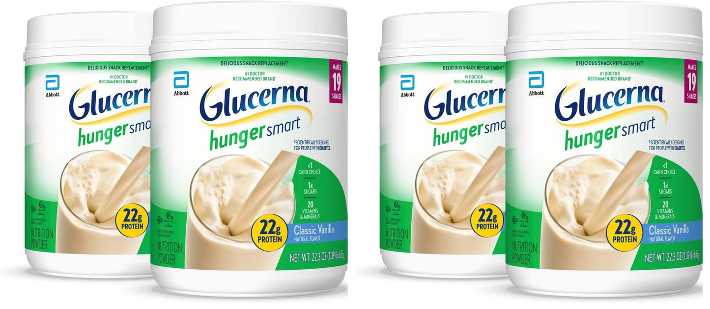 Glucerna Hunger Smart Diabetes Care Powder,Classic Vanilla,Diabetic Snack Replacement to Support Blood Sugar Management,22g Protein,130 Calories,22.3 Oz,(Pack of 4)