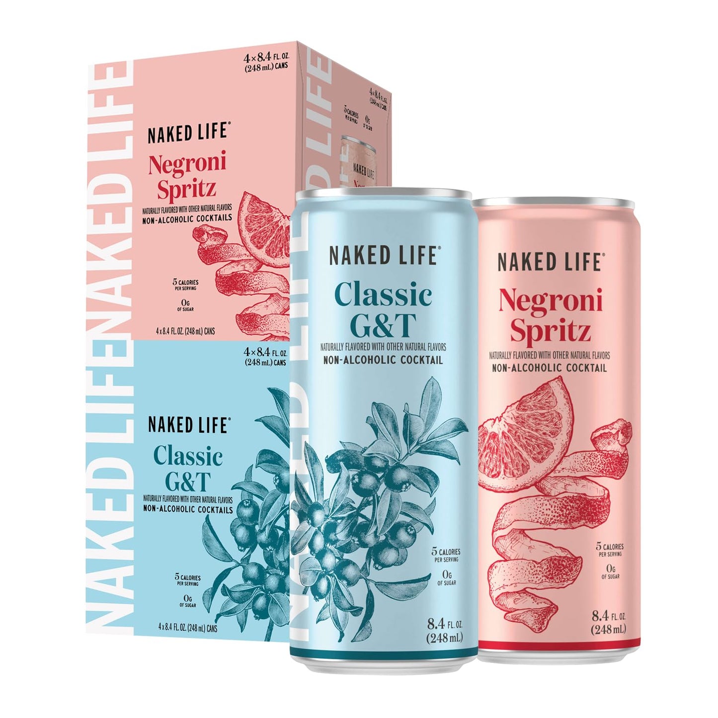 Naked Life Non-Alcoholic Drinks Classic G&T 8.4 Fl Oz Cans, Pack Of 4 + Negroni Spritz 8.4 Fl Oz Cans, Pack Of 4