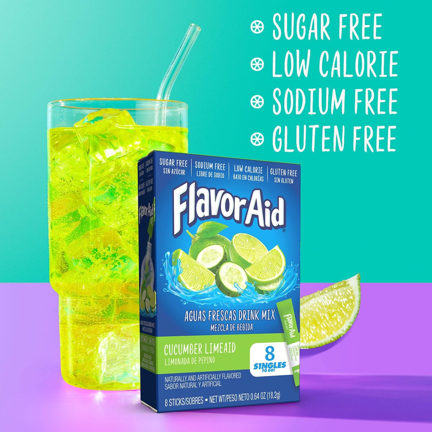 Flavor Aid Singles To Go Powder Packets, Water Drink Mix, Watertok Cucumber Lime, 96 Servings, 8 Count, Pack of 12