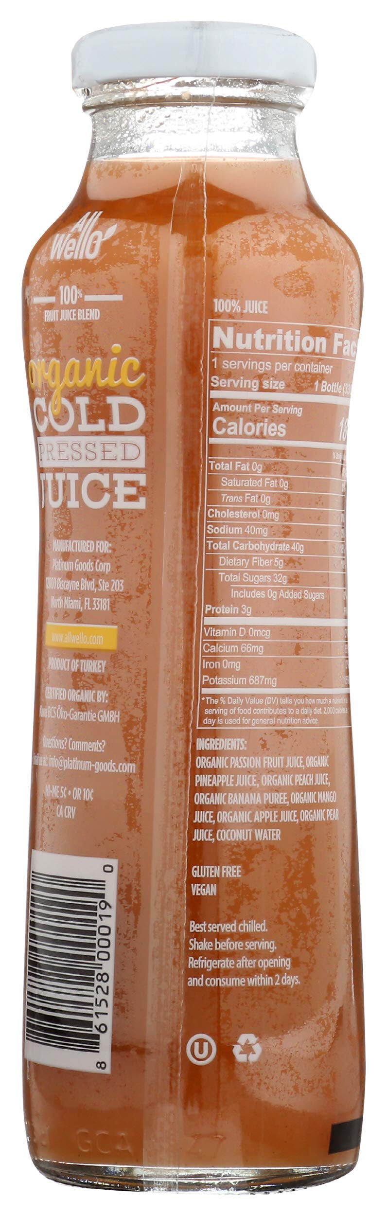 Allwello, Organic Cold Pressed Juice, Tropical Escape, 11.1 Fl Oz