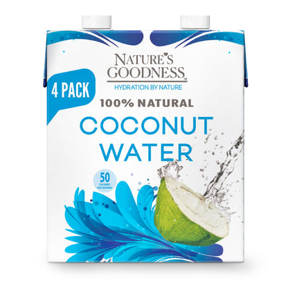 Nature's Goodness Coconut Water No Sugar Added - Unsweetened, Fat Free, Plant-Based Electrolyte Drink - 4 Pack 44.8 Fl Oz Total (4 x 330 ml) - Hydration Support for Fitness & Smoothies - Made Not From Concentrate