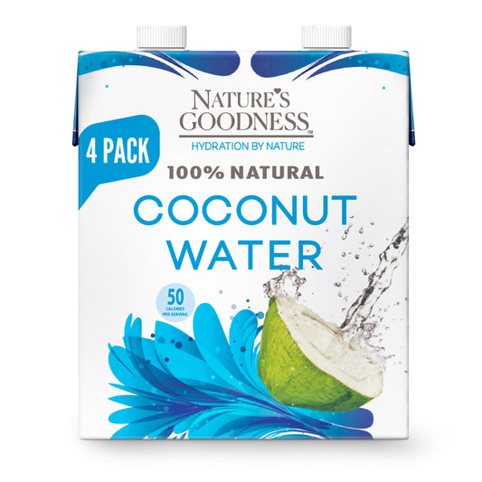 Nature's Goodness Coconut Water No Sugar Added - Unsweetened, Fat Free, Plant-Based Electrolyte Drink - 4 Pack 44.8 Fl Oz Total (4 x 330 ml) - Hydration Support for Fitness & Smoothies - Made Not From Concentrate