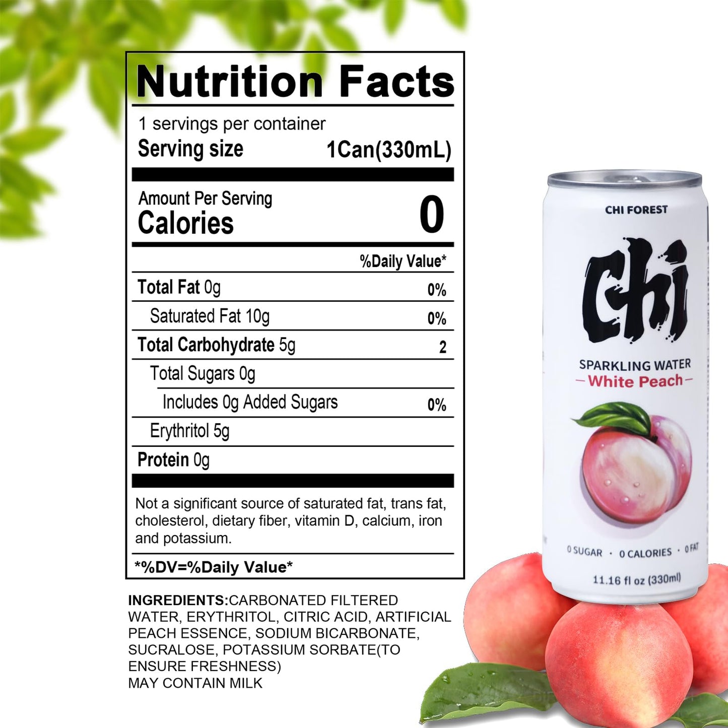 CHI FOREST White Peach Sparkling Water 24 Cans, Flavored SparklingWater, 0 Sugar and 0 Calorie BubblyWater, Refreshing Carbonated Water, Perfect for Party, Exercise or Work, 11.16 Fl oz, Pack of 24