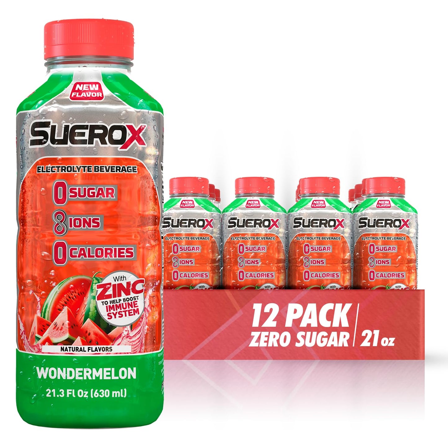 SueroX Sugar-Free Sports Drink for Hydration and Recovery, Electrolyte Hydration Drink with 8 Ions, Zero Calorie Sports Drinks, Wondermelon (Watermelon) flavor, 21.3 Fl Oz, 12 Count