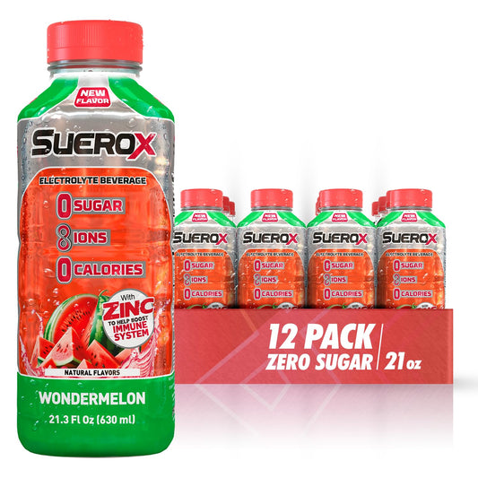 SueroX Sugar-Free Sports Drink for Hydration and Recovery, Electrolyte Hydration Drink with 8 Ions, Zero Calorie Sports Drinks, Wondermelon (Watermelon) flavor, 21.3 Fl Oz, 12 Count