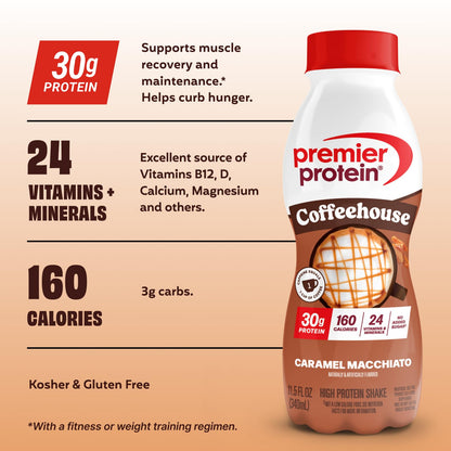 Premier Protein COFFEEHOUSE Caramel Macchiato Protein Shake with Caffeine for Energy – 30g Protein, No Added Sugar, 24 Vitamins & Minerals, 11.5 fl oz, 12 Pack