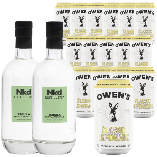 Nkd Distillery Tequila Alternative Premium Non-Alcoholic Spirit 750 ML Bottles w Owen’s Mixers Lemonade 8.2 OZ Cans - Perfect for Mocktails - Made in USA