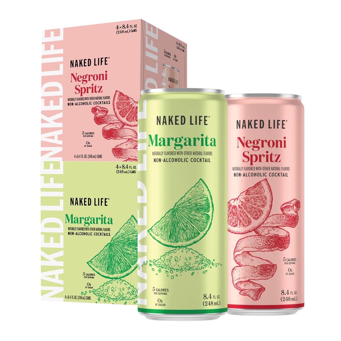 Naked Life Non-Alcoholic Drinks, Margarita 8.4 Fl Oz Cans, Pack Of 4 + Negroni Spritz 8.4 Fl Oz Cans, Pack Of 4