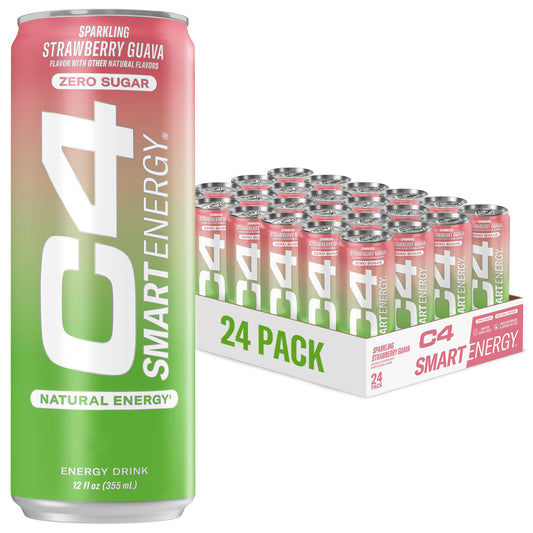 C4 Smart Energy Drink - Sugar Free Performance Fuel & Nootropic Brain Booster, Coffee Substitute or Alternative | Strawberry Guava 12 Oz - 24 Pack