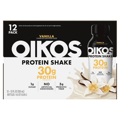Oikos Protein Shake, Vanilla, 30g High Protein Drinks, Shelf Stable, Ready to Drink, 5g Prebiotic Fiber, 12 fl oz Bottle, 12 Count